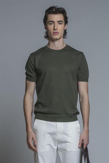 SWEATER ROUND NECK S/S MIX.LINEN SOFT WASH DK.GREEN