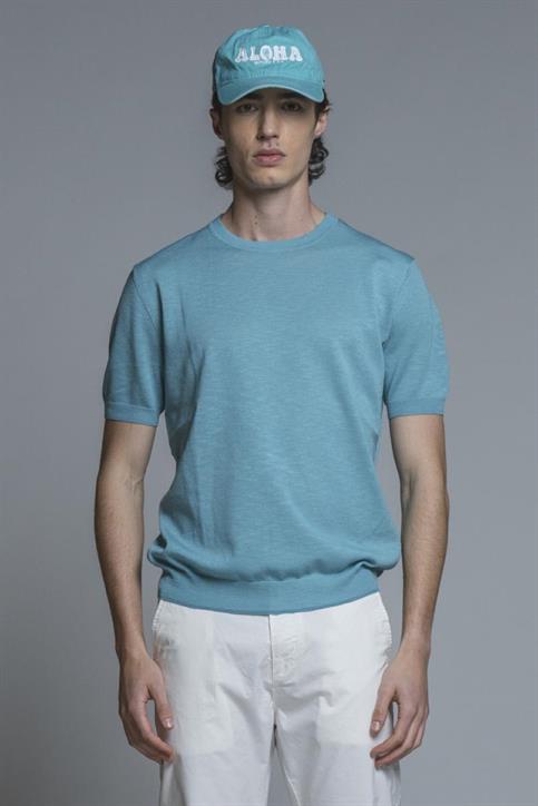SWEATER ROUND NECK S/S MIX.LINEN SOFT WASH ACQUA