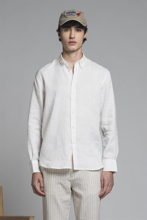 BUTTON DOWN L/S 100% LINEN F/D WHITE