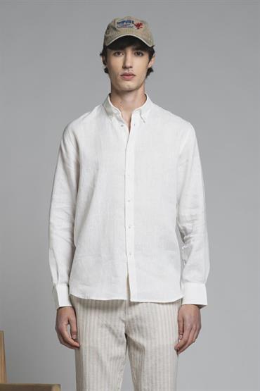 BUTTON DOWN L/S 100% LINEN F/D WHITE