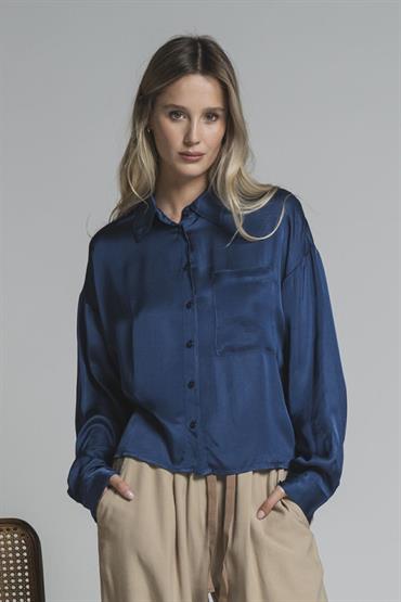 SHIRT L/S SATIN VISCOSE F/D BLUE