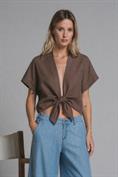 SHIRT KNOTTED L/S 100% LINEN G/D CHOCOLATE
