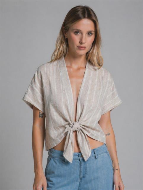 SHIRT KNOTTED L/S MIXED LINEN STRIPE Y/D BEIGE STRIPE