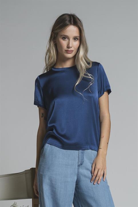 BLOUSE S/S SATIN VISCOSE STRETCH F/D BLUE