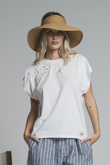 TSHIRT S/S CROP EMBROIDERY JERSEY F/D WHITE