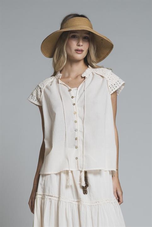 BLOUSE S/S EMBROIDERY 100% COTTON IVORY