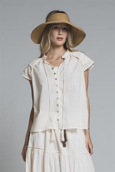 BLOUSE S/S EMBROIDERY 100% COTTON IVORY