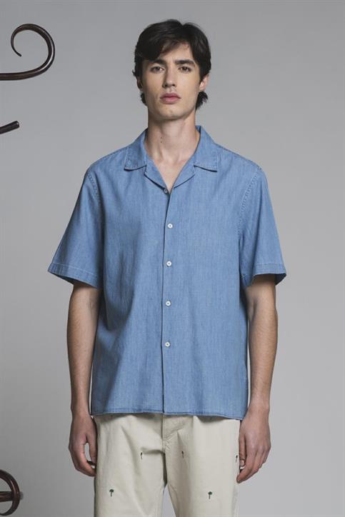 BOWLING SHIRT S/S COMF.DENIM SLUB G/W LT.
