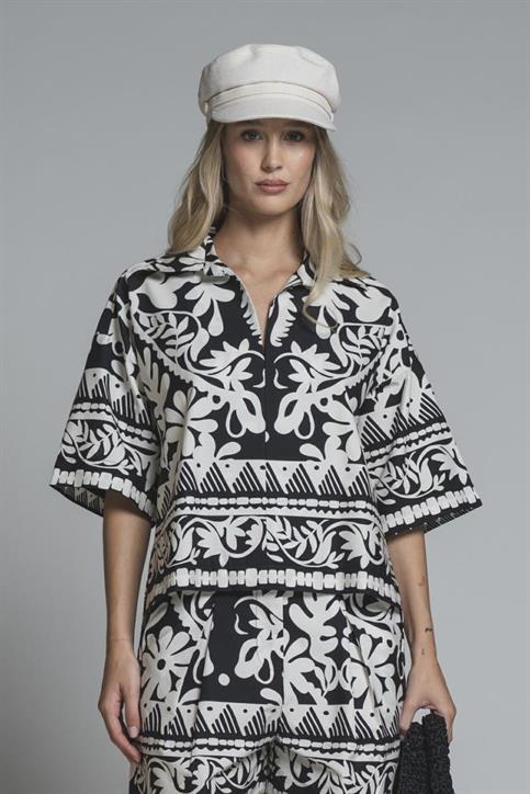 SHIRT ZIP CROP L/S POPELINE ALLOVER PRINT